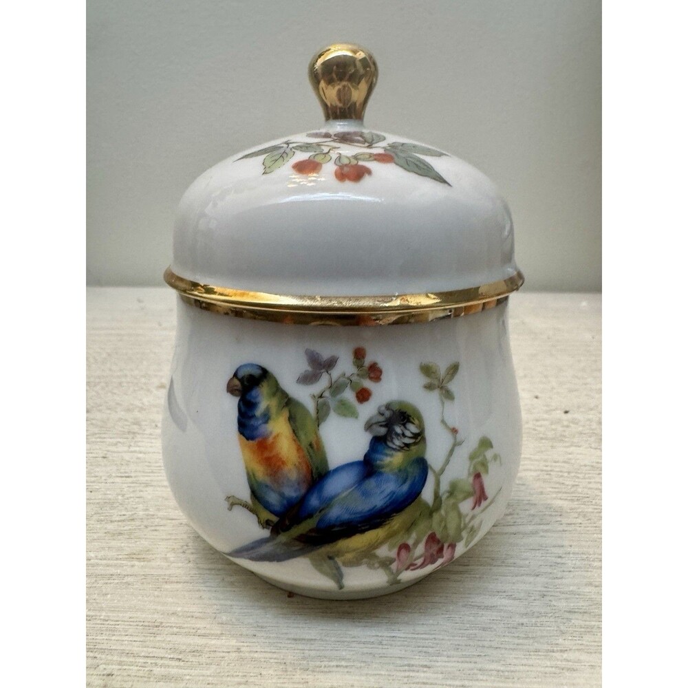 Vintage Schmid Germany Porcelain Trinket Box with Bird Floral Motif Gold Trim